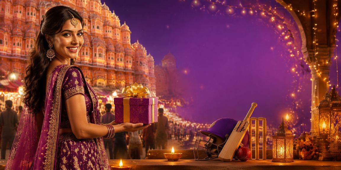 Woman enjoying cricket betting online at Diwali festival celebrations in Jaipur