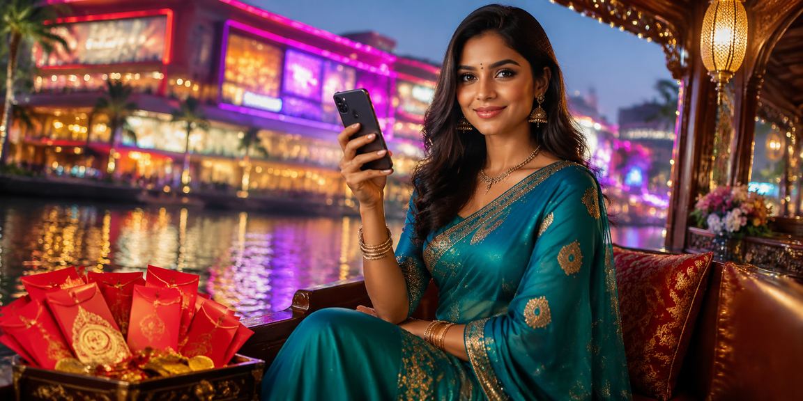Happy woman registering on mobile with festive red envelope